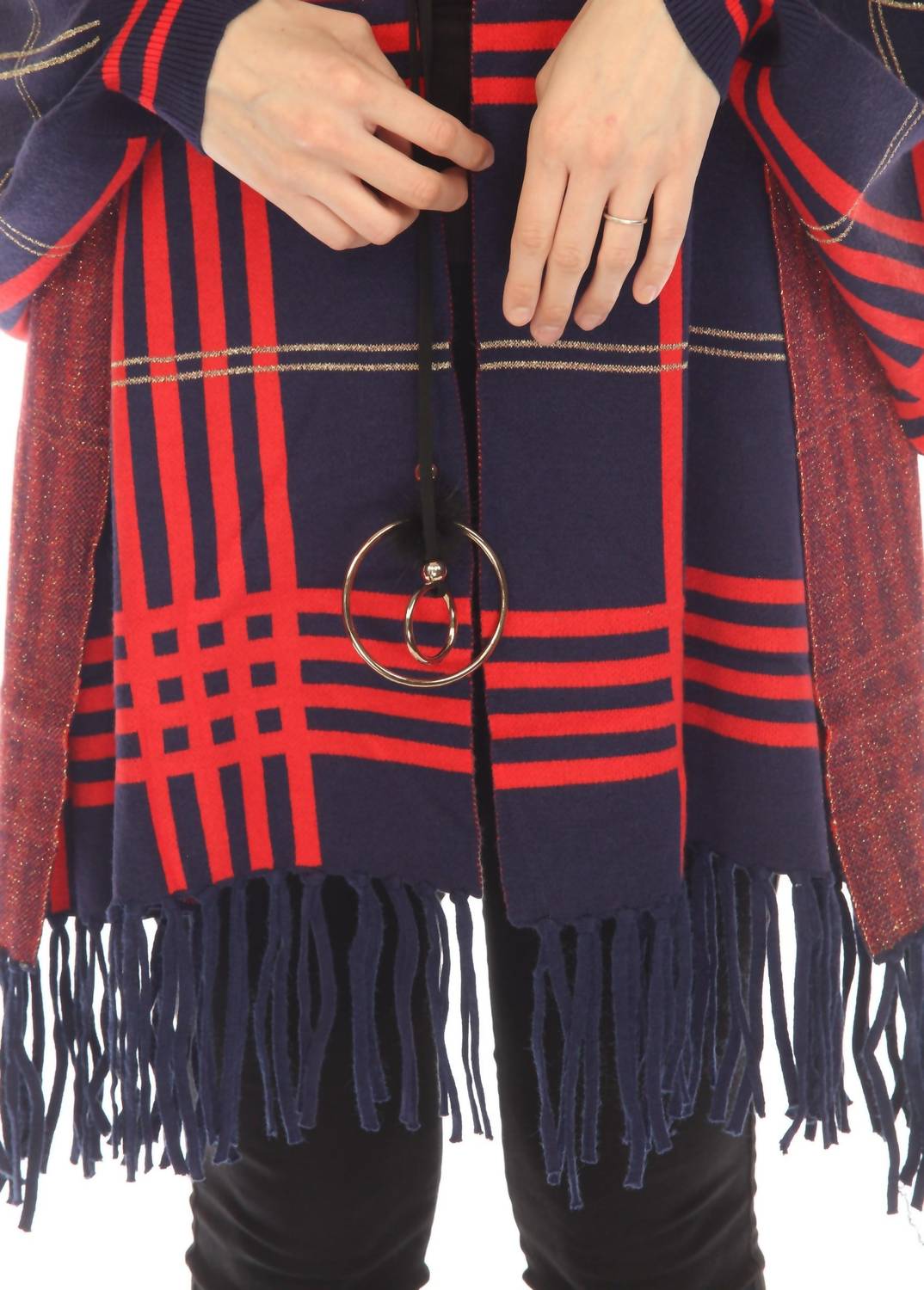 Oolala - Plaid Pattern Real Fur Collar Fringe Cape