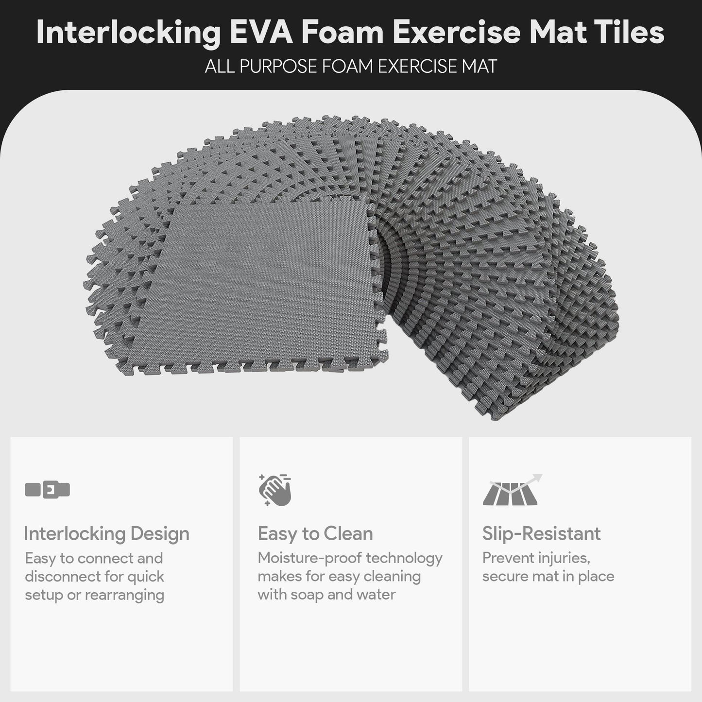 BalanceFrom Fitness 144 Sq Ft Interlocking EVA Foam Exercise Mat Tiles, Gray