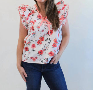 Entro - Lesley Floral V-neck Ruffle Blouse