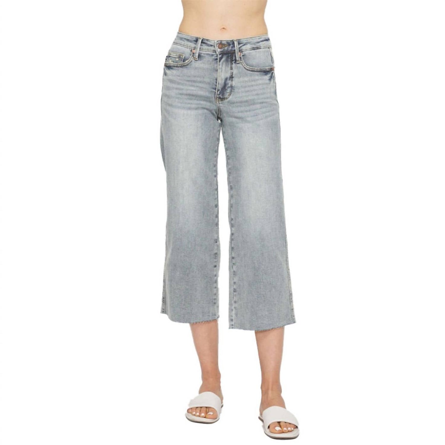 Judy Blue - Midrise Tummy Control Raw Hem Wide Leg Crop Denim