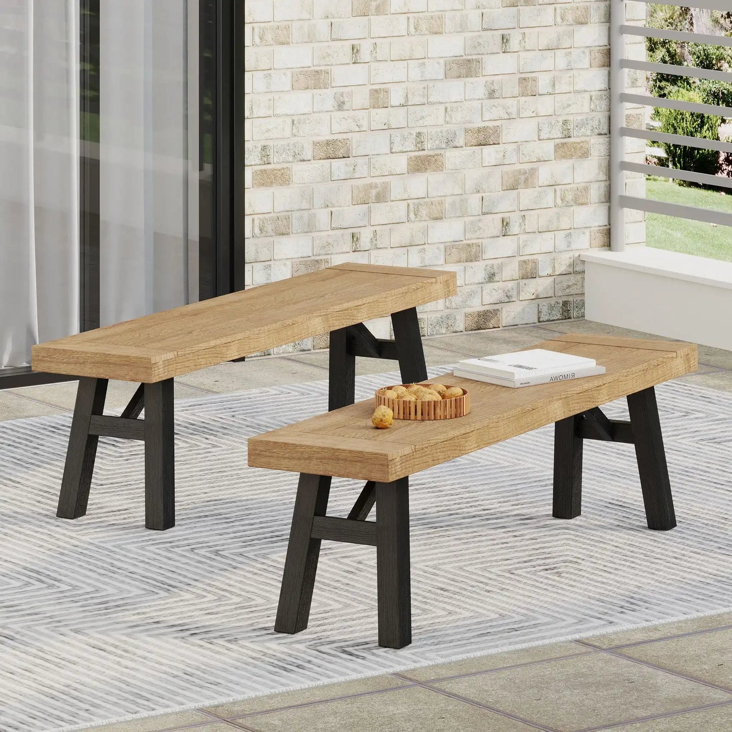 Outdoor Bench With Slat Panel Design And Acacia Wood Frame