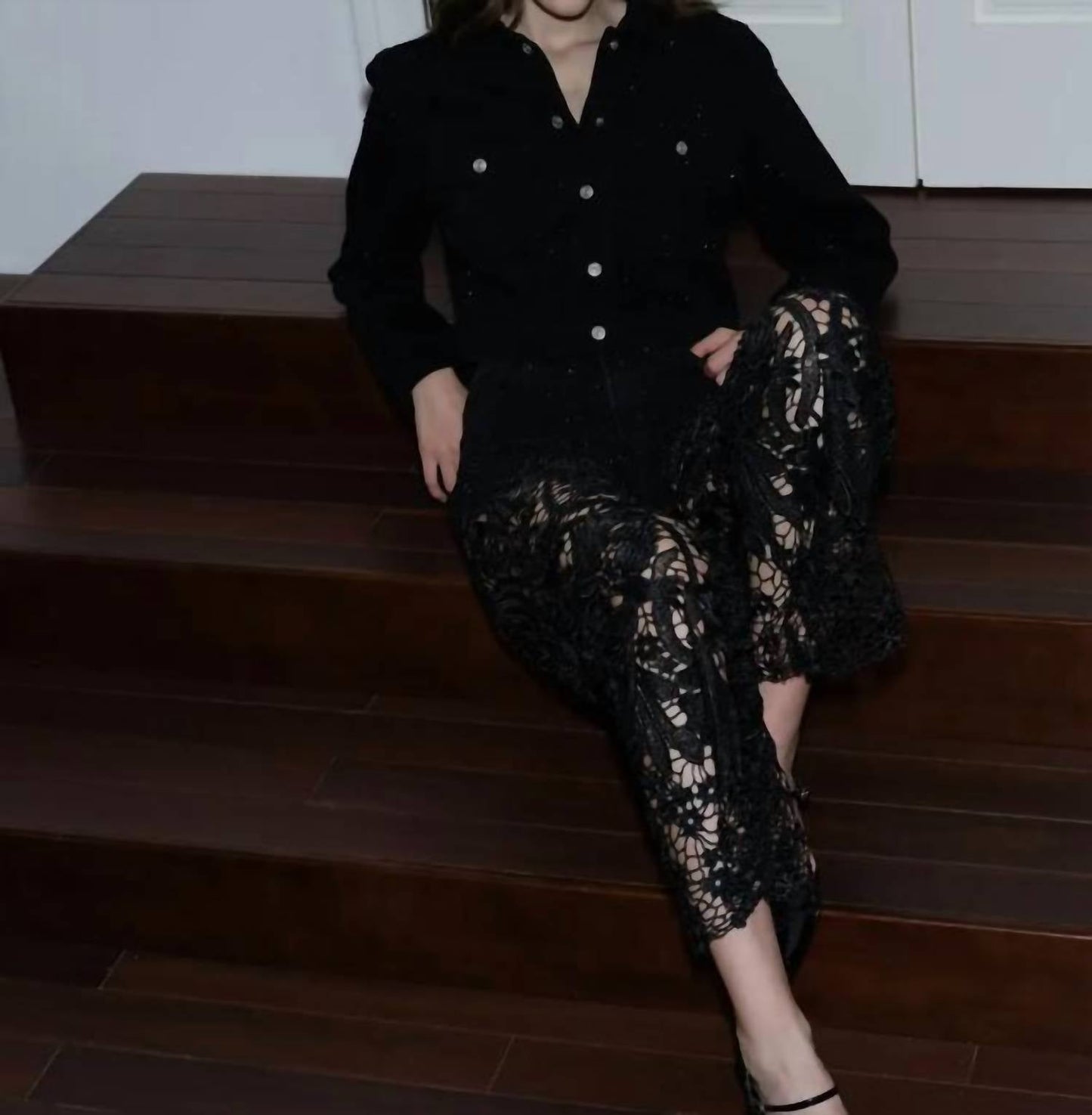 Bayeas - High Waist Crystal Embellished Lace Wide Leg Jeans