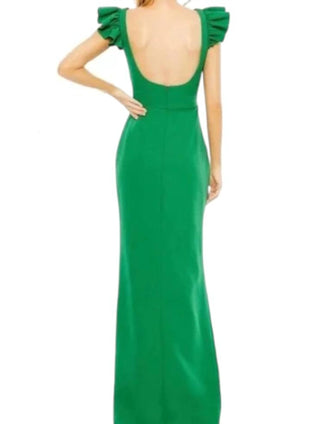 Ieena For Mac Duggal - Ruffle Cap Sleeve Open Back Column Gown Dress