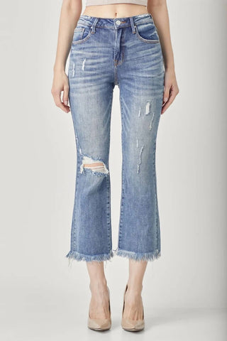 Risen - High Waist Distressed Cropped Bootcut Jeans