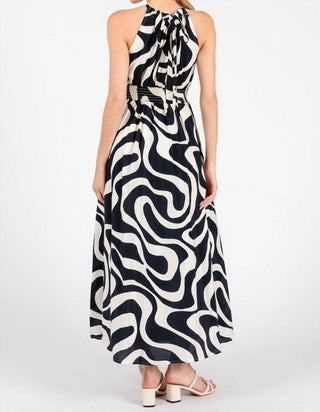 Calista - Navy Print Smocked Waist Halter Neck Back Tie Maxi Dress