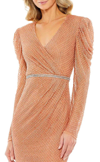 Mac Duggal - Beaded Wrap Over Puffsleeve Midi Dress