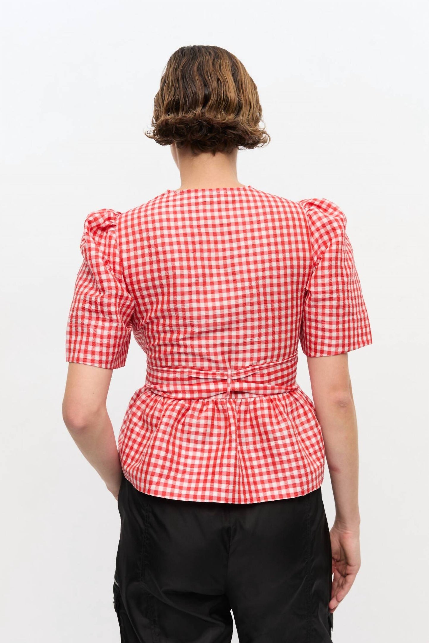 Ganni - Women's Crinkled Taffeta Check Tie Strap Blouse