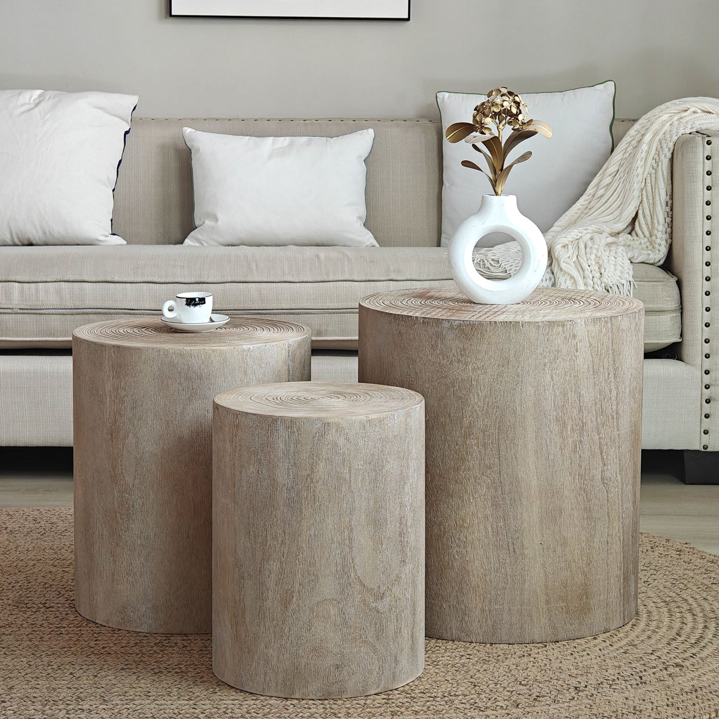 Set of 3 Rounded Wood Coffee Tables, End Tables, Plant Stands - Rustic Wood Finish