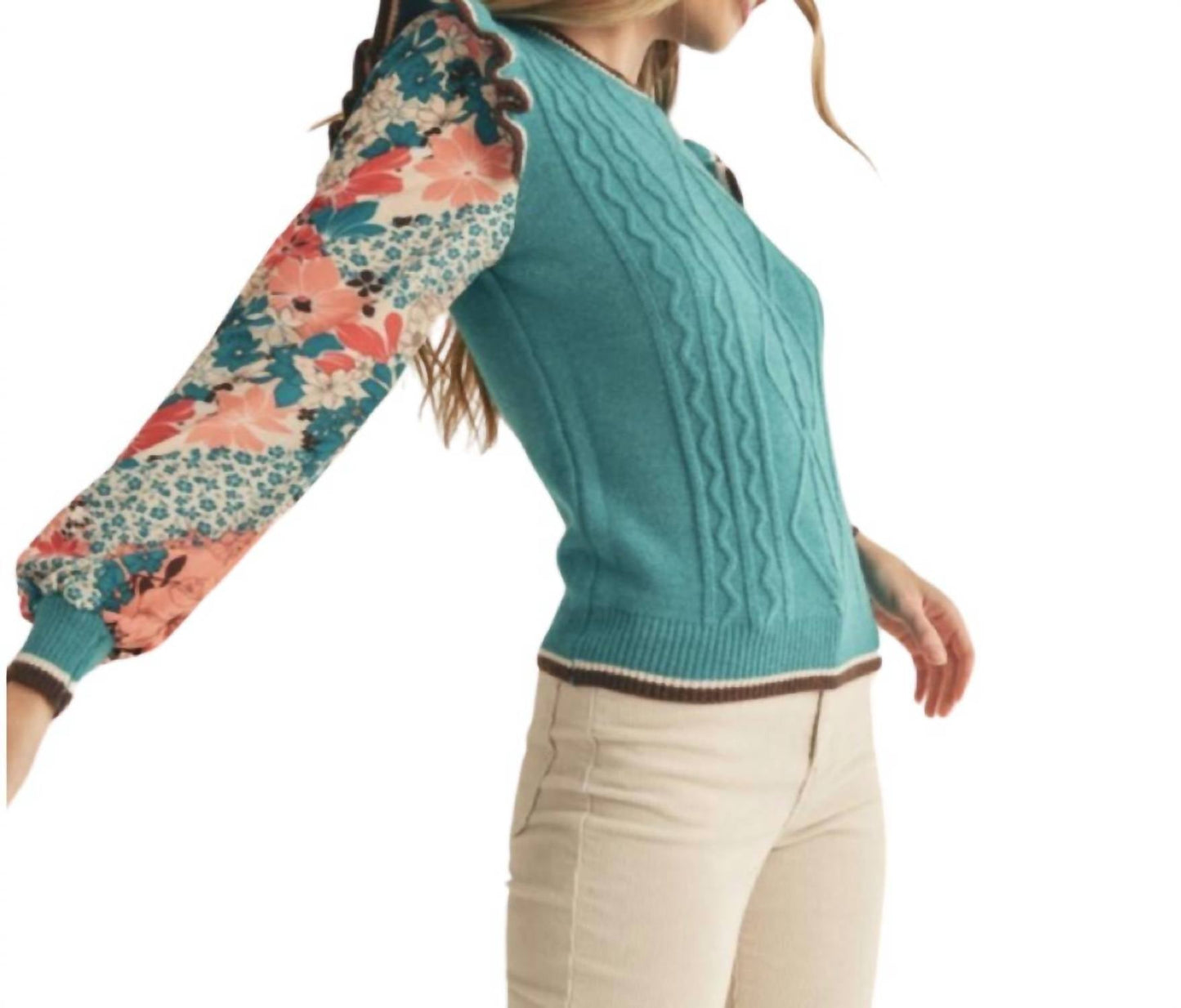 &Merci - Knit Sweater With Woven Floral Sleeves