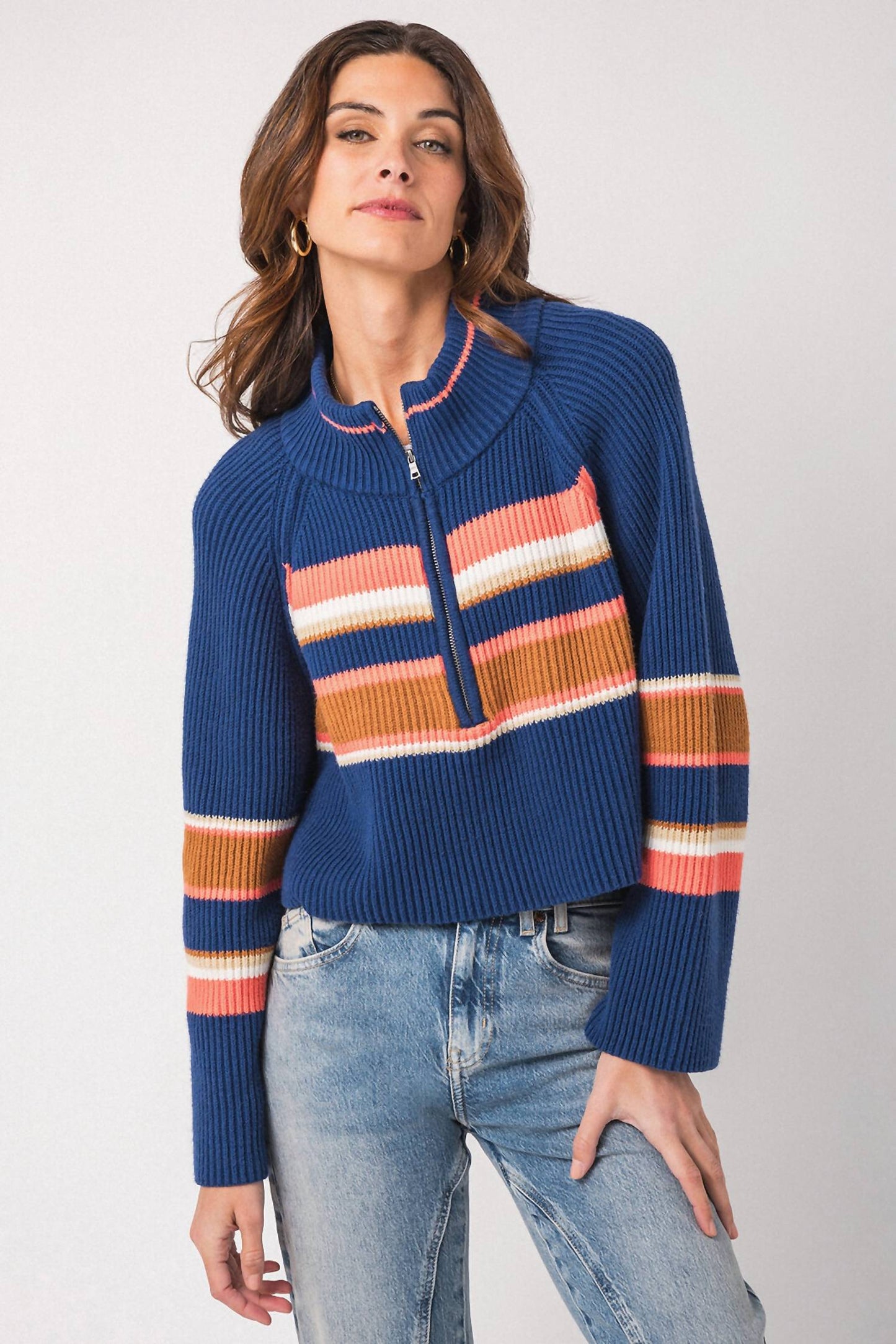 Free People - Striped Greta Half Zip Sweater