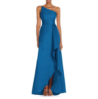 Alfred Sung - One-shoulder With Draped Front Slit And Pockets Satin Gown