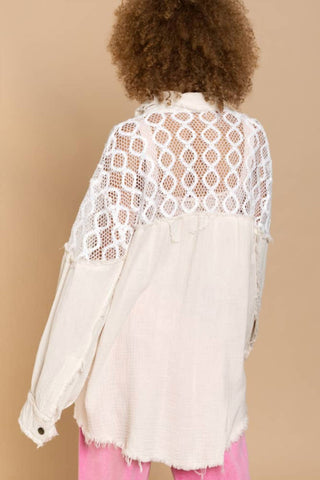 Pol - Oversized Lace Accent Button Down Shirt