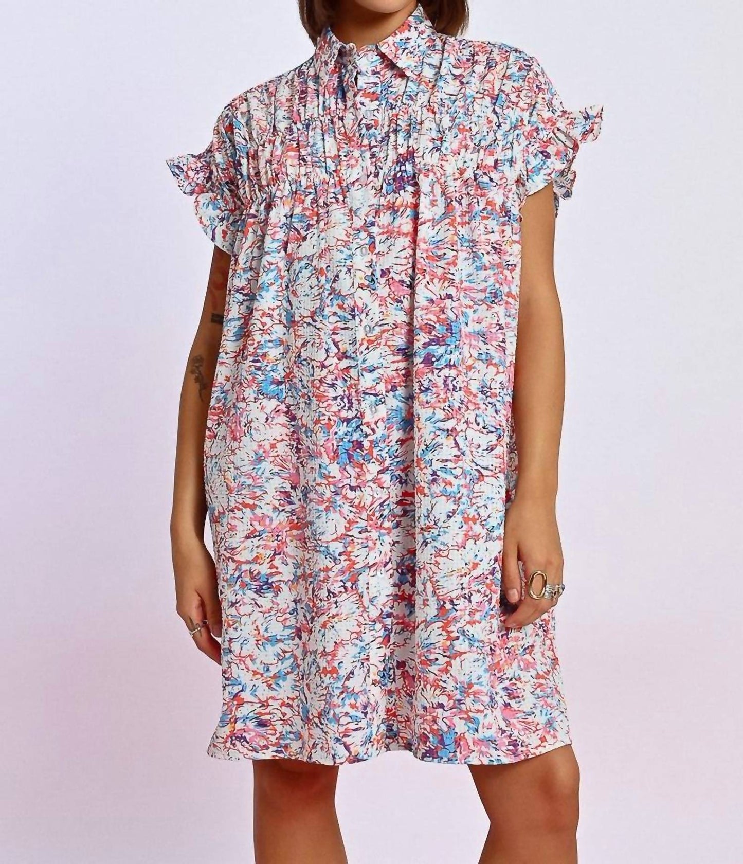 Molly Bracken - Printed Ruffle Sleeve Shirt Dress