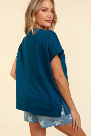 Haptics - Notched Neck Dolman Embossed Star & Stripe Usa Patch Top