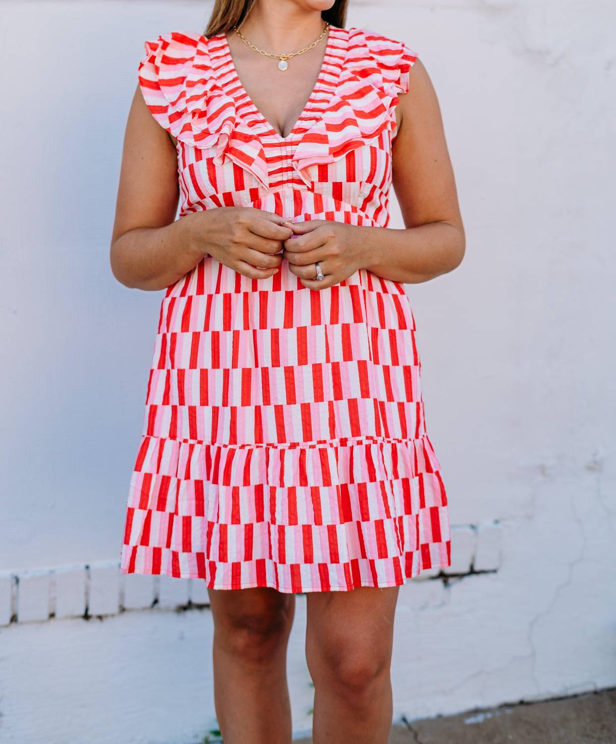Joy Joy - Ruched V-neck Ruffles Dress