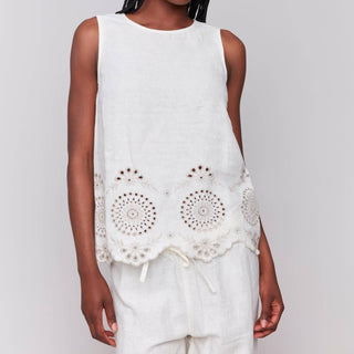 Charlie B - Linen Sleeveless Eyelet Embroidered Top