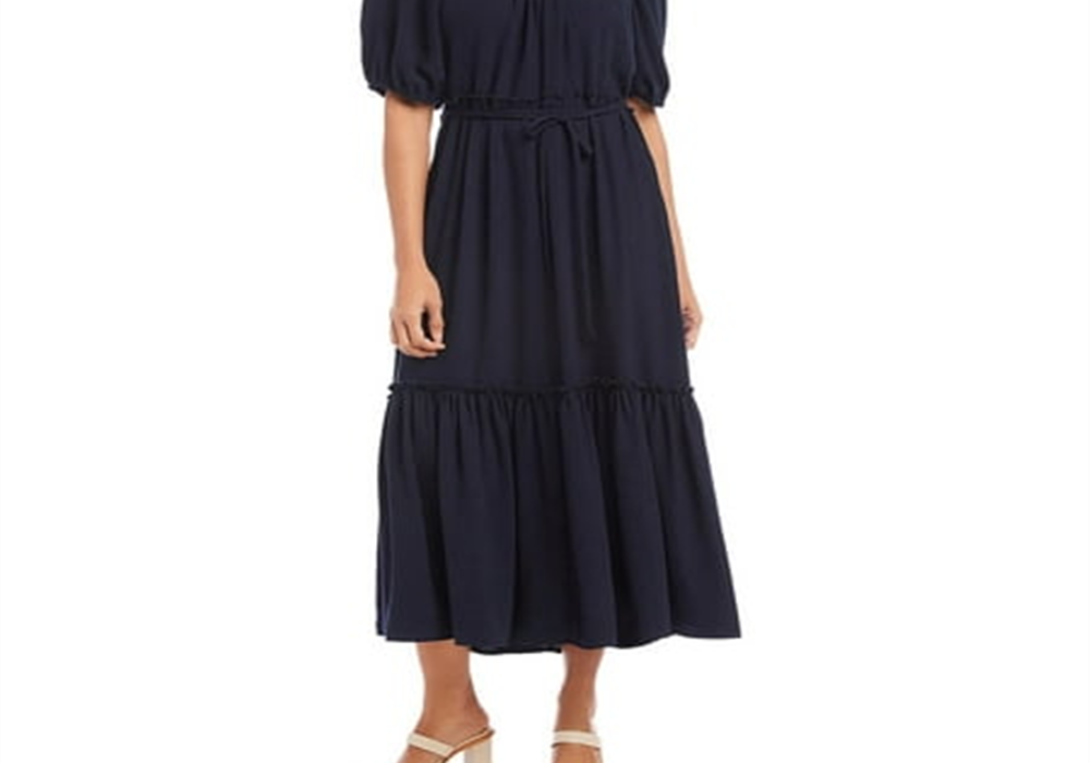Karen Kane Womens Cocktail Midi Fit & Flare Dress Blue