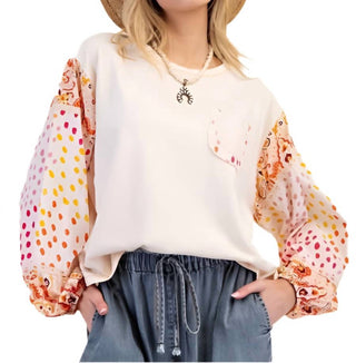 Easel - Printed Sleeve Cotton Jersey Top