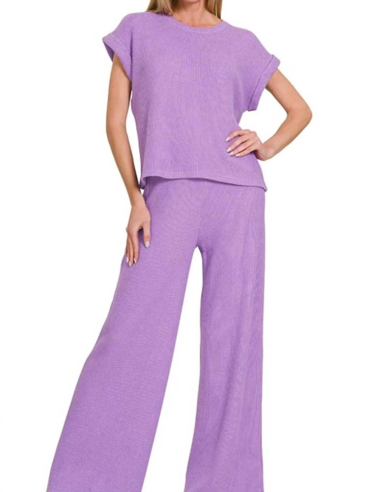 Trendsi - Zenana Rolled Sleeve Top and Pants Sweater Set