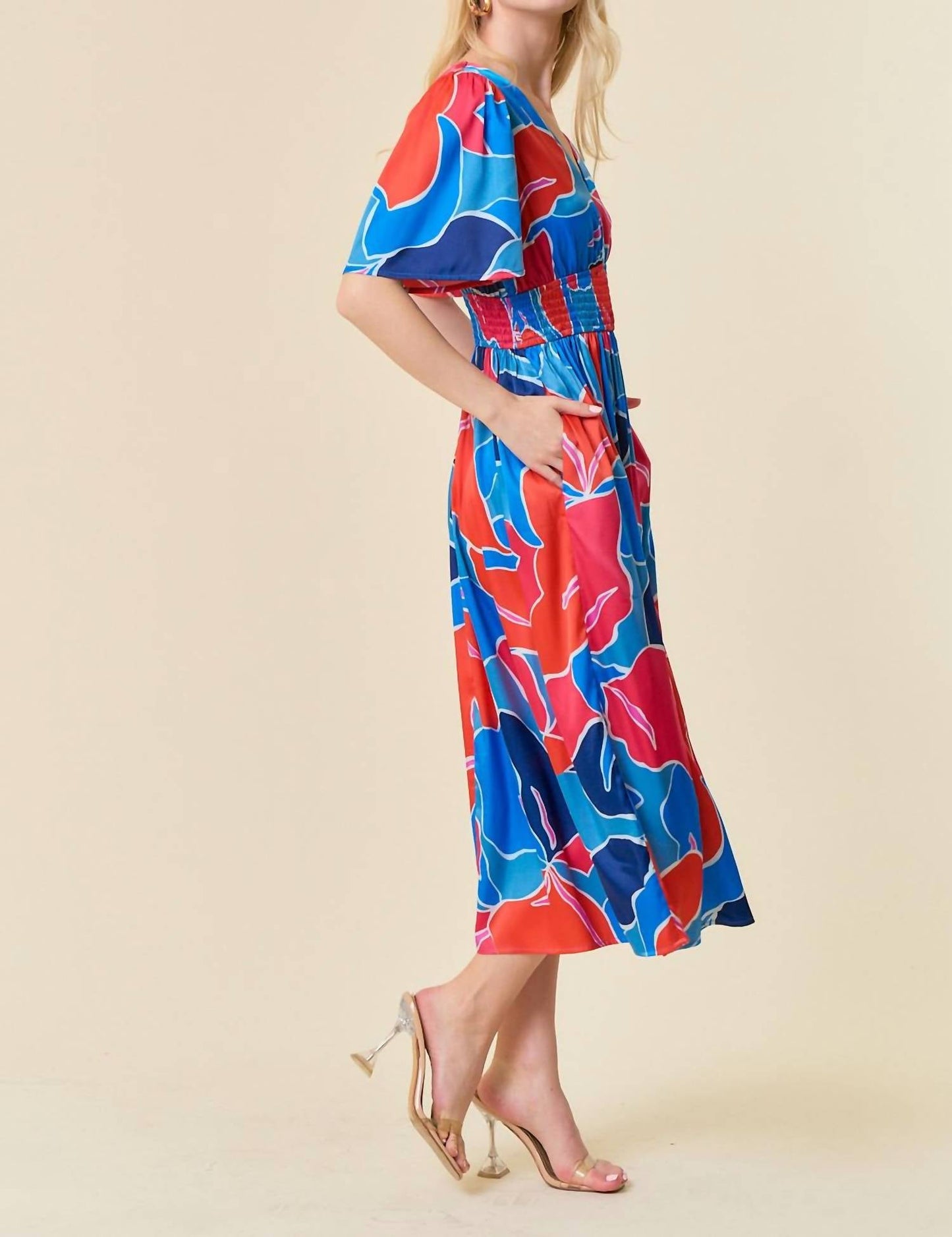 Doe And Rae - Floral V-neck Flutter Short Sleeve Smocked Waist Dress