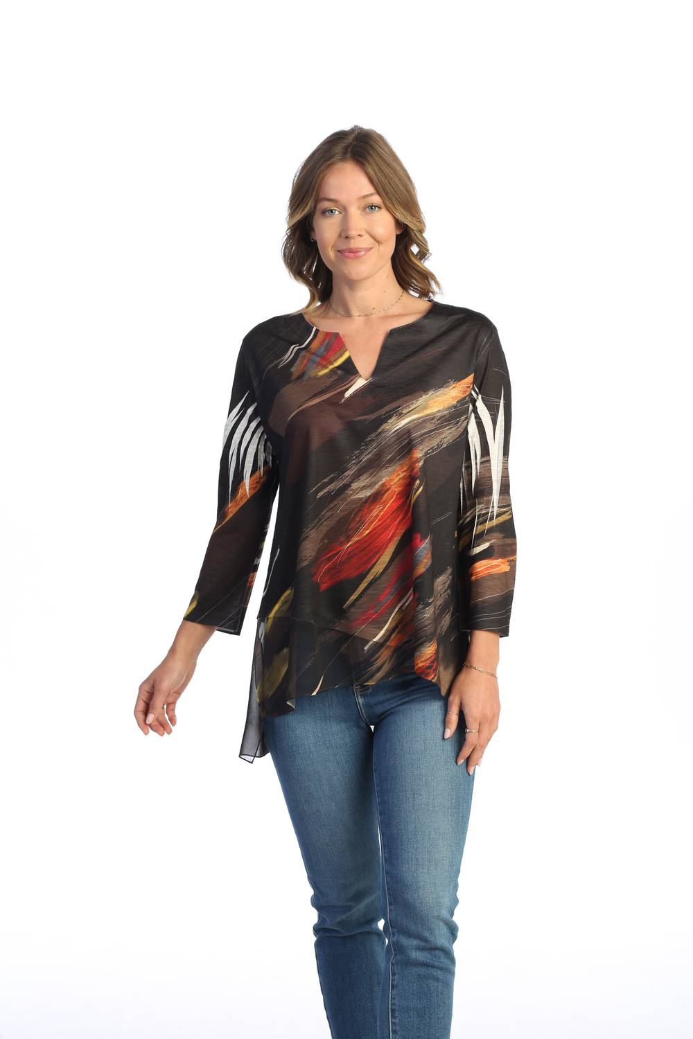 Jess & Jane - Women's Dunes Slit V Neck Chiffon Contrast Top