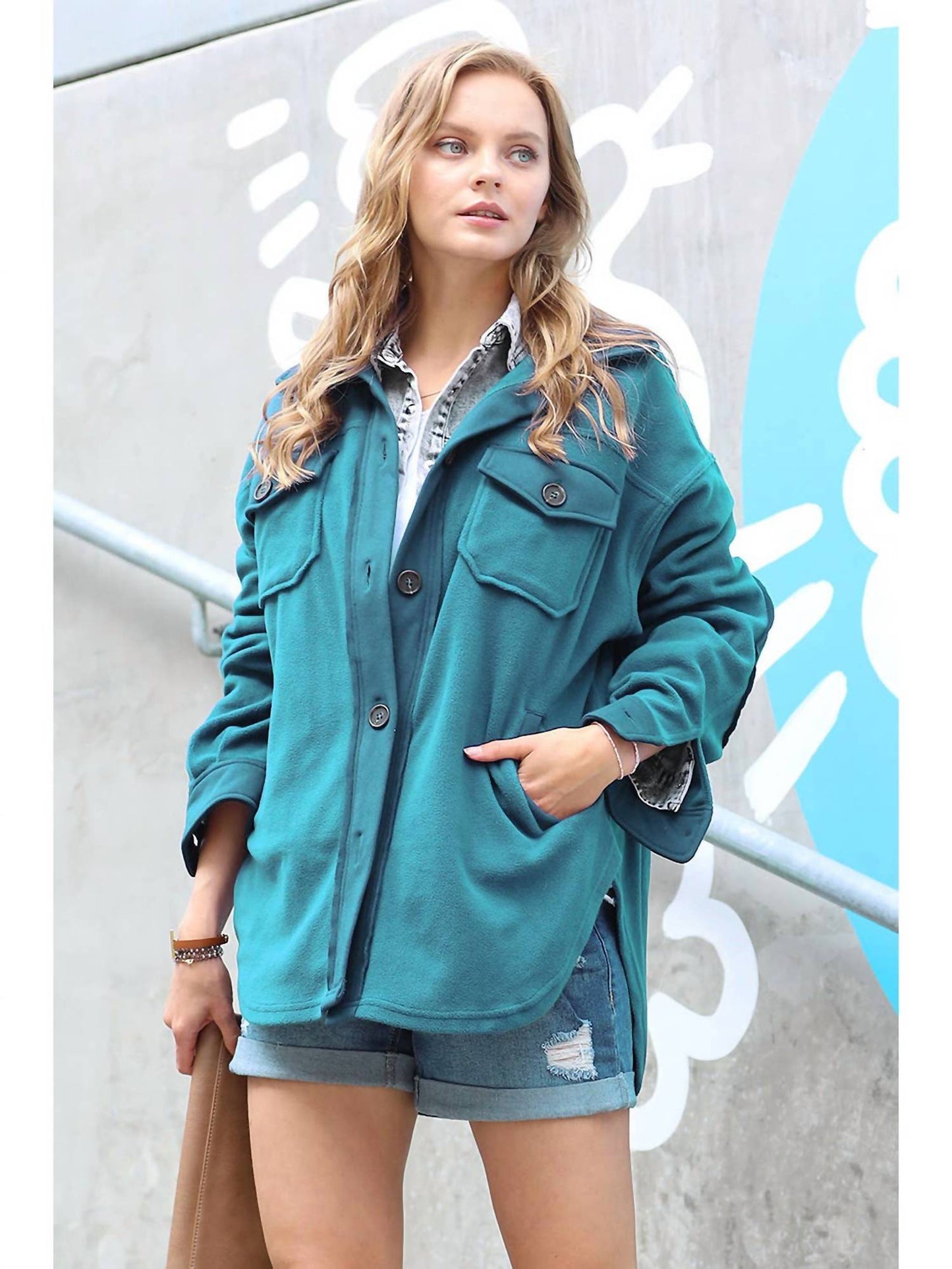 42Pops - Fleece Button Front Pockets Shacket Jacket