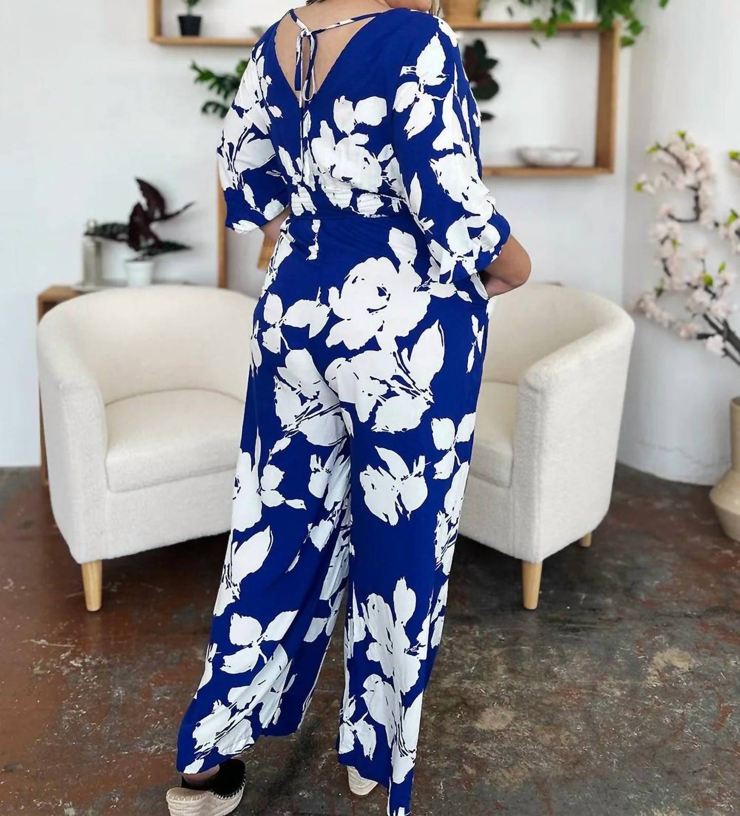 Double Take - Full Size Printed Tie Back Wide Leg Jumpsuit