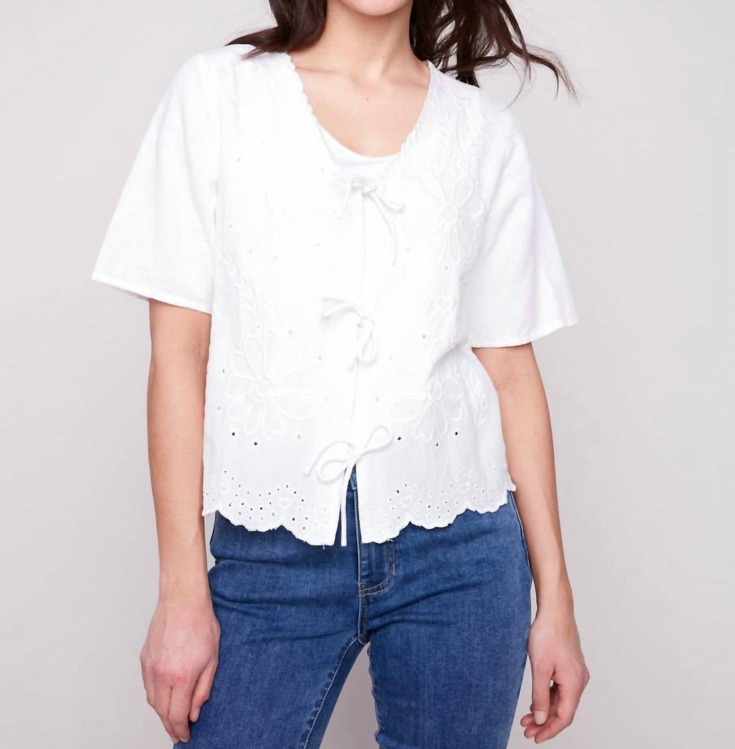 Charlie B - Elbow Sleeve V-neck Embroidered Blouse
