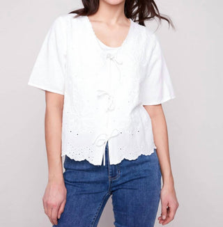 Charlie B - Elbow Sleeve V-neck Embroidered Blouse