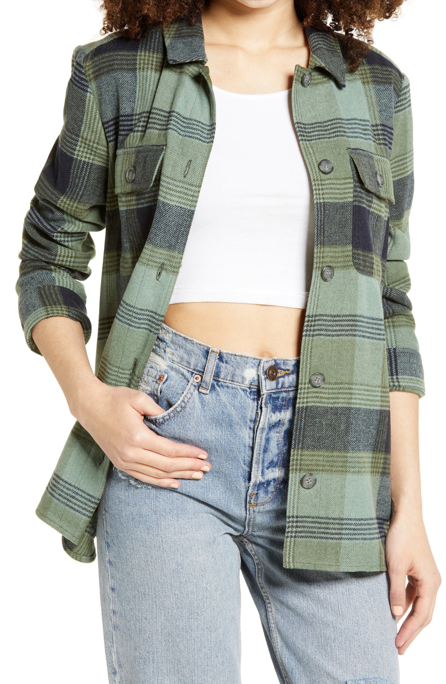 Women's Green Plaid Flannel Shirt Jacket X-Small