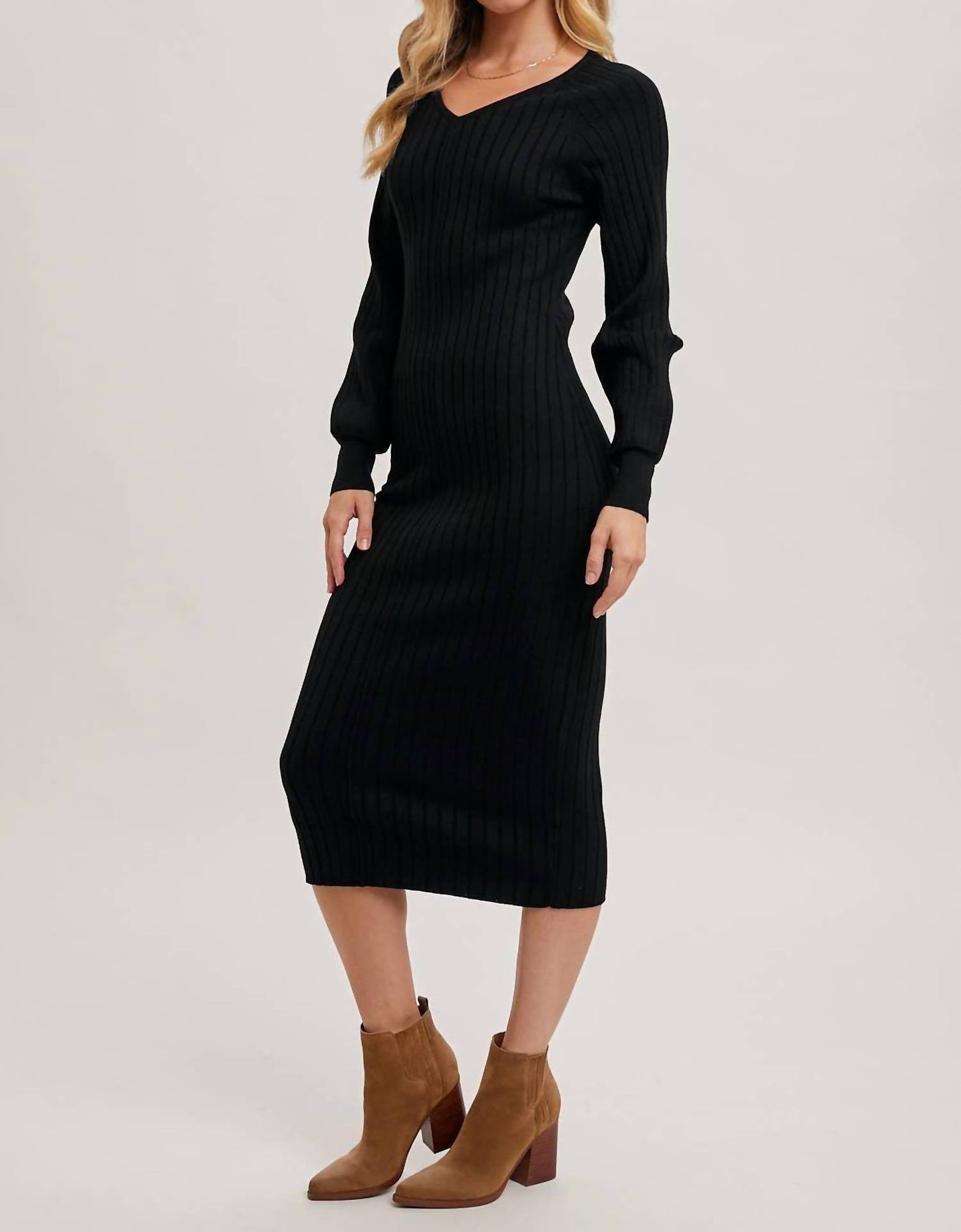 Bluivy - Women's V Neck Ribbed Knit Sweater Midi Dress