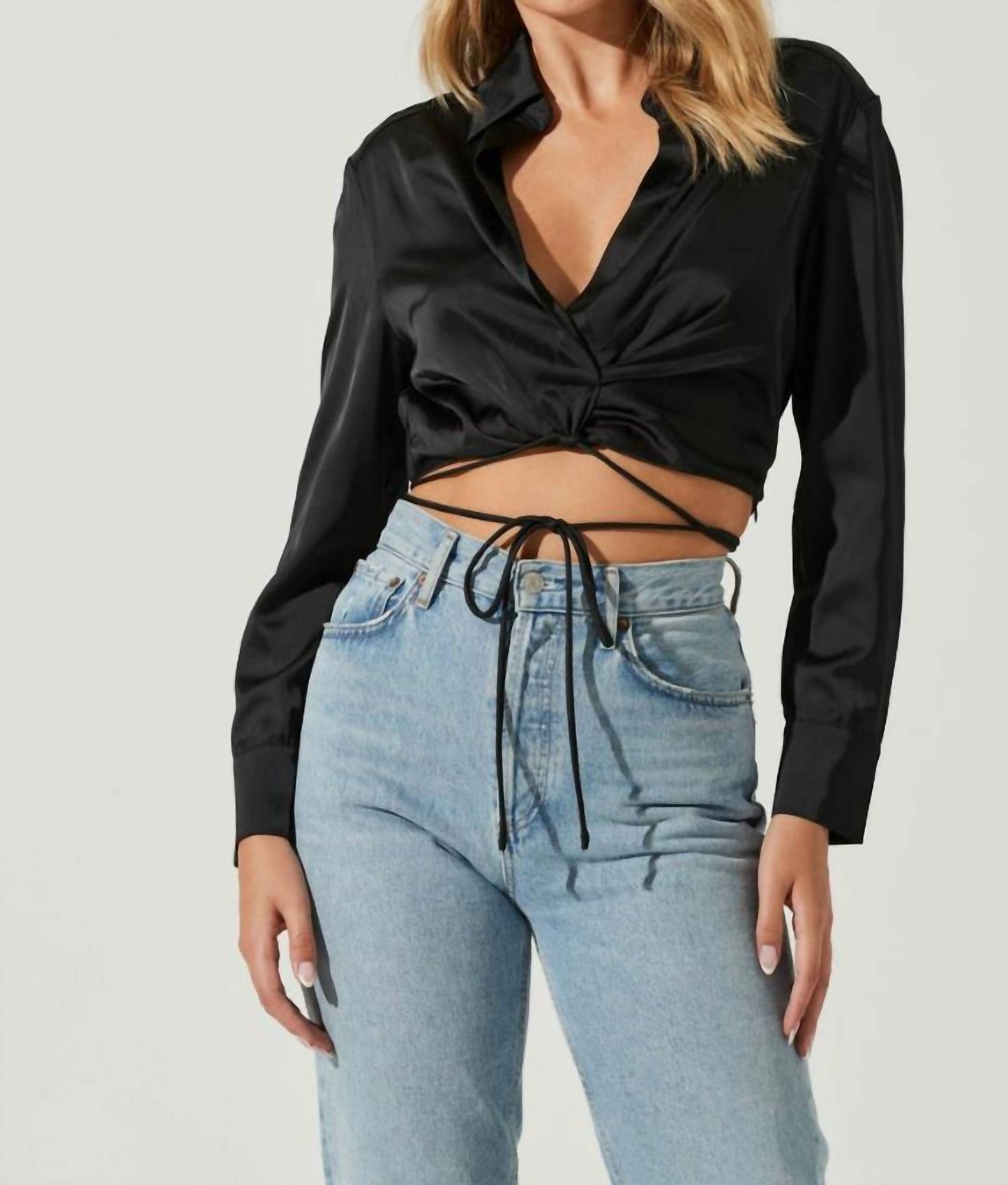 Astr - Perry Satin Wrap Front Tie Waist Top