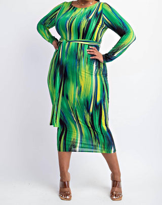 The Curve La - Plus Size Long Sleeve Midi Dress With Self-tie Belt