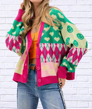 Davi & Dani - V-neck Drop Shoulder Pattern Sweater