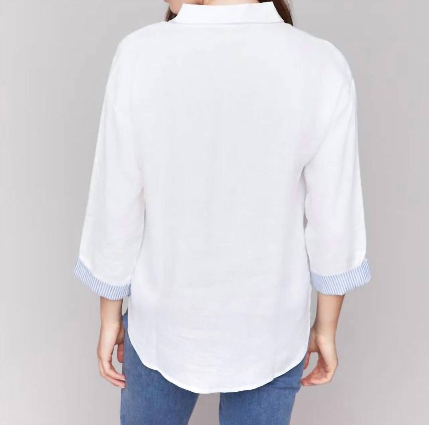 Charlie B - Linen Blend Drop Shoulder Shirt With Striped Cuffs