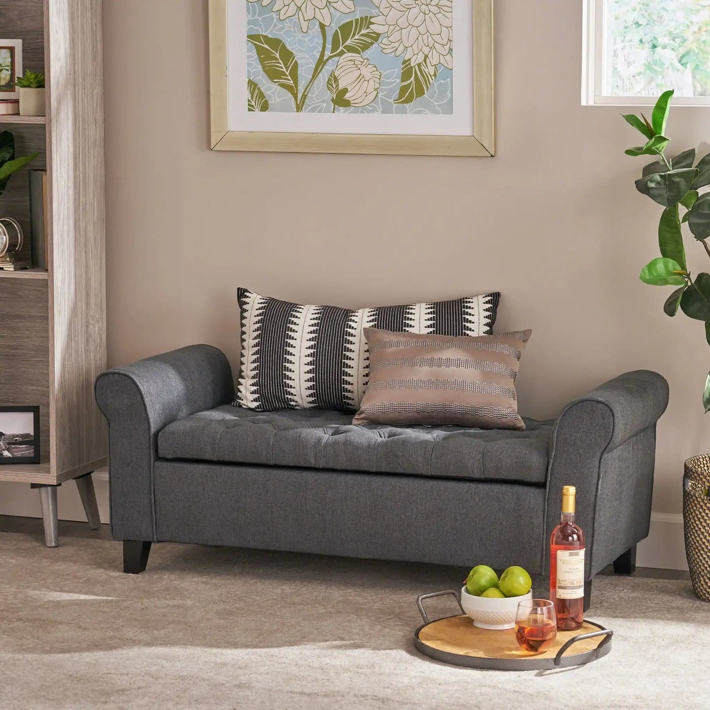 Hayes Contemporary Armed Storage Bench With Rolled Arms And Button Tufting