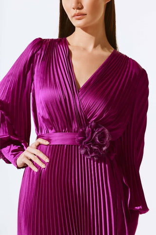 Joseph Ribkoff - Pleated Satin Belted Midi Wrap Dress