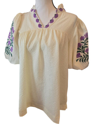 Umgee - Babydoll Puff Sleeve Top With Embroidery