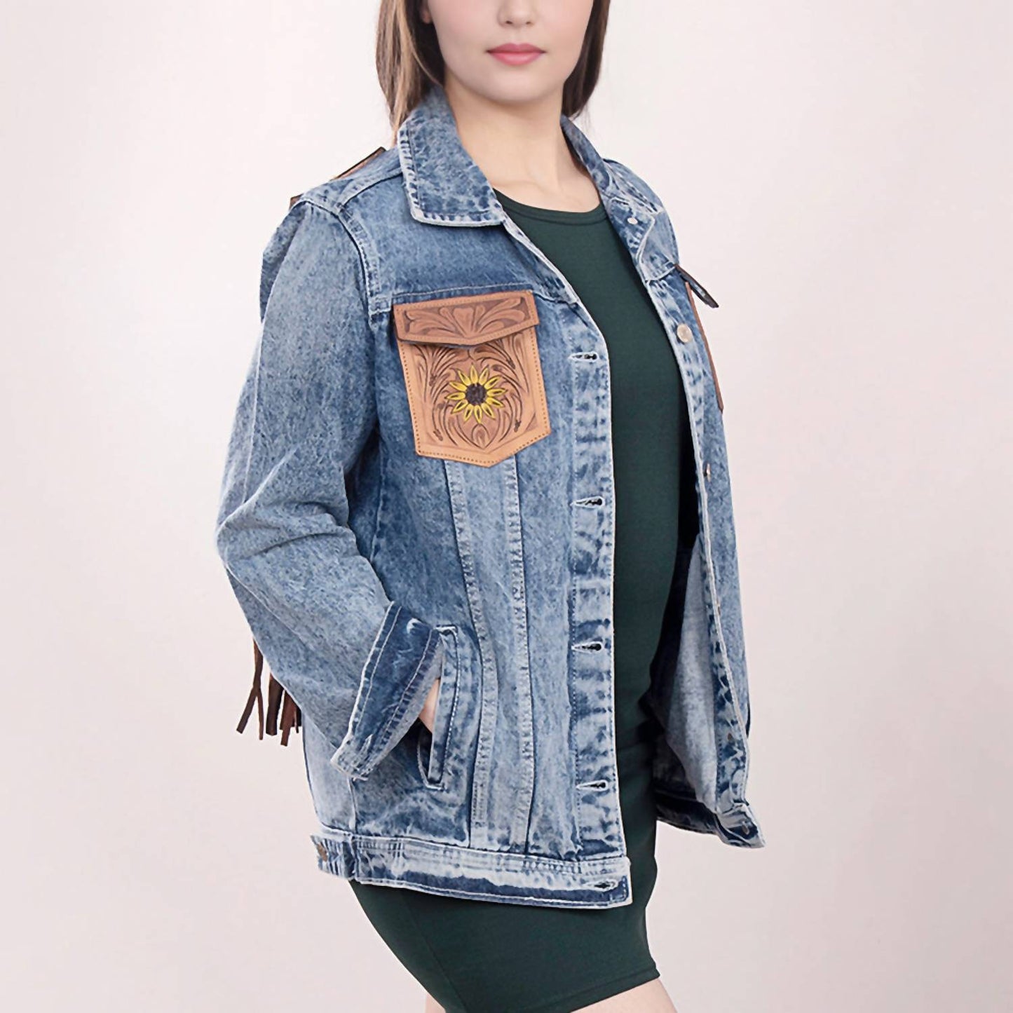 American Darling - Genuine Leather Hand Tooled Carved Denim Jacket