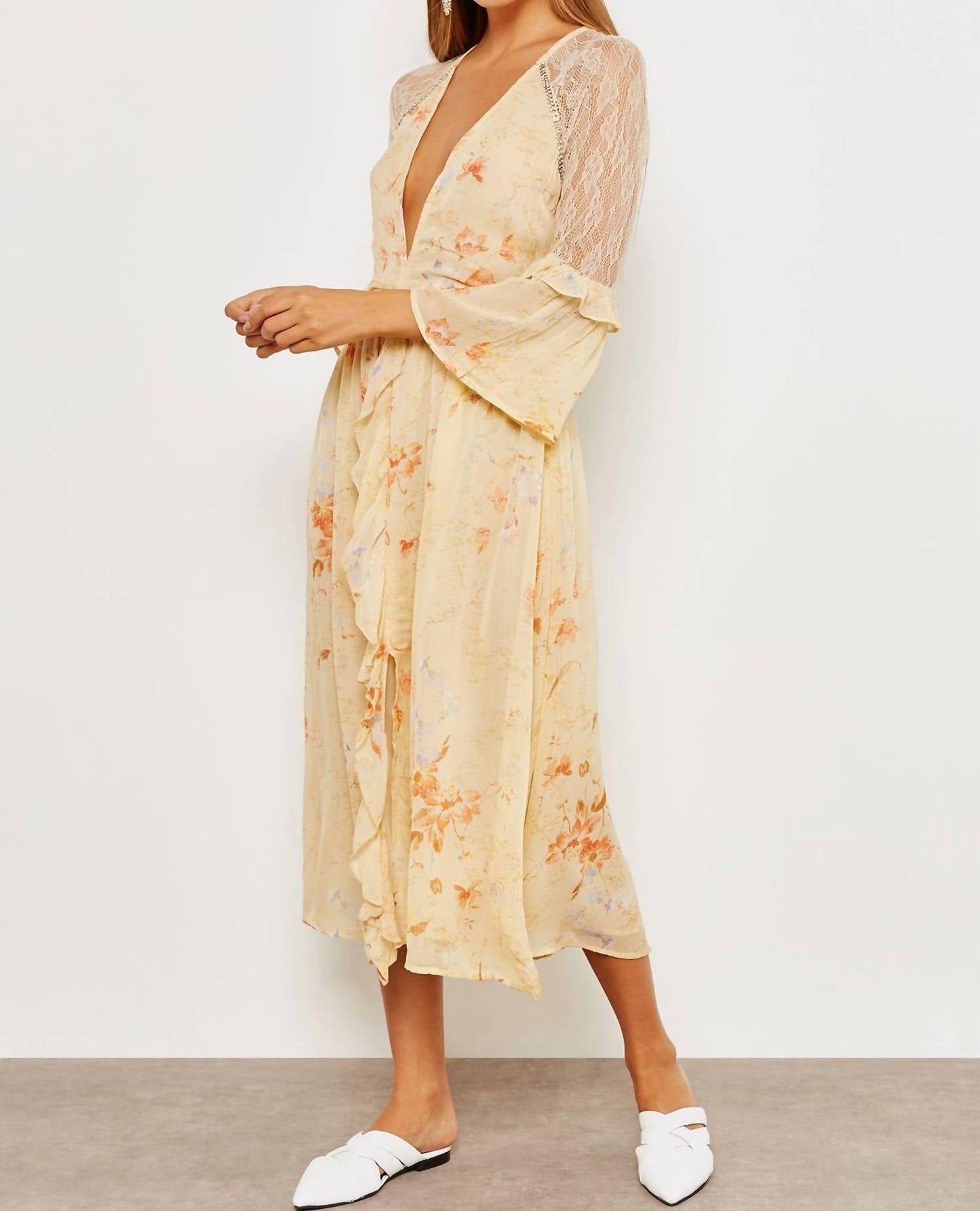 Topshop - Floral Print Lace Rhinestones Ruffle Midi Dress