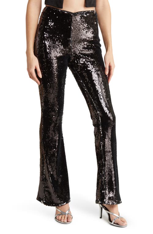 Topshop Sequin Flare Trousers in Black, Size 8