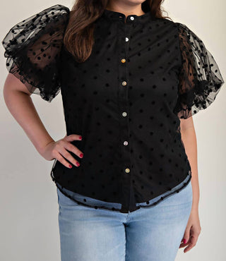 The Curve La - Plus Size Dot Mesh Knit Shirt With Puff Sleeve