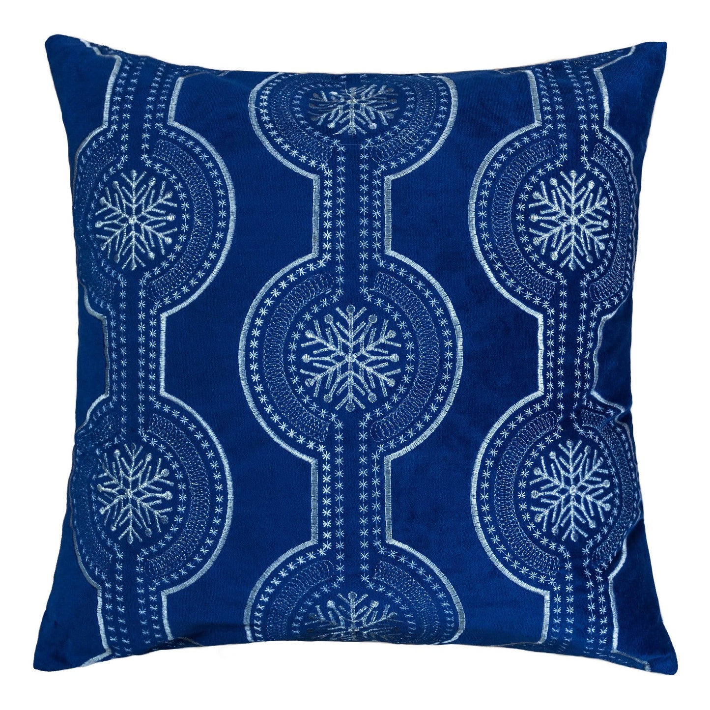 Holiday Blue Velvet Throw Pillow with White Snowflake Embroidery, 20x20, Polyester Fill