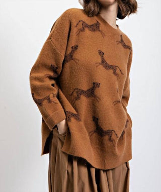 Easel - Round Neck Drop Shoulder Cheetah Printed Sweater - Plus