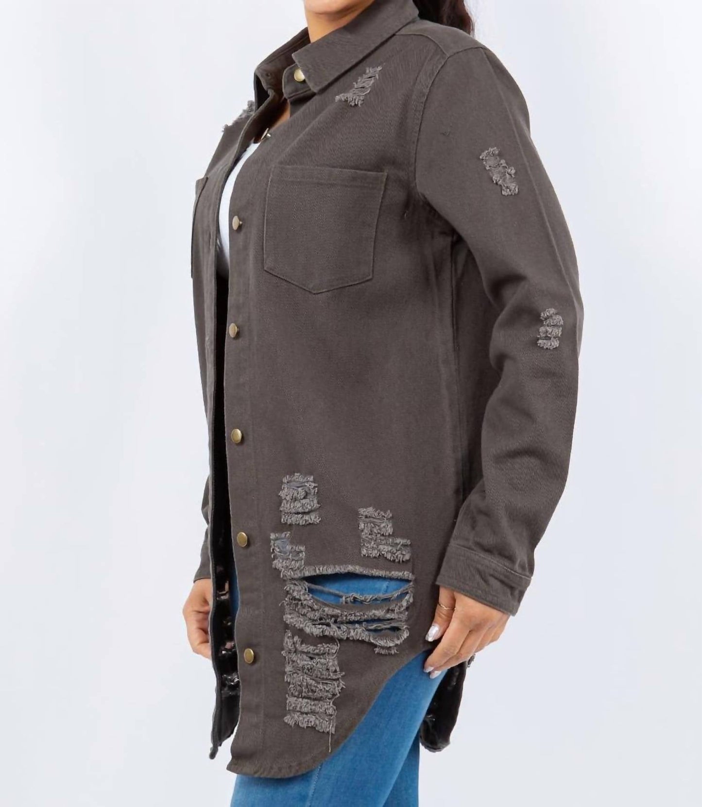 American Bazi - Distressed Button Up Long Sleeve Denim Jacket