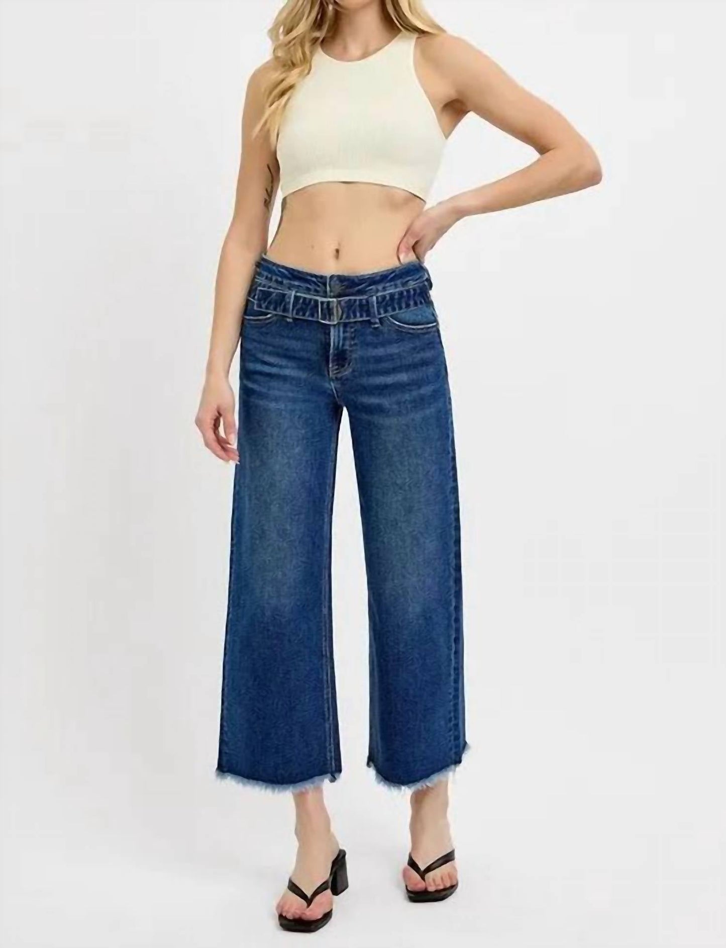 Trendsi - Risen Raw Hem Wide Leg Attached Buckle Jeans
