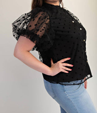 The Curve La - Plus Size Dot Mesh Knit Shirt With Puff Sleeve