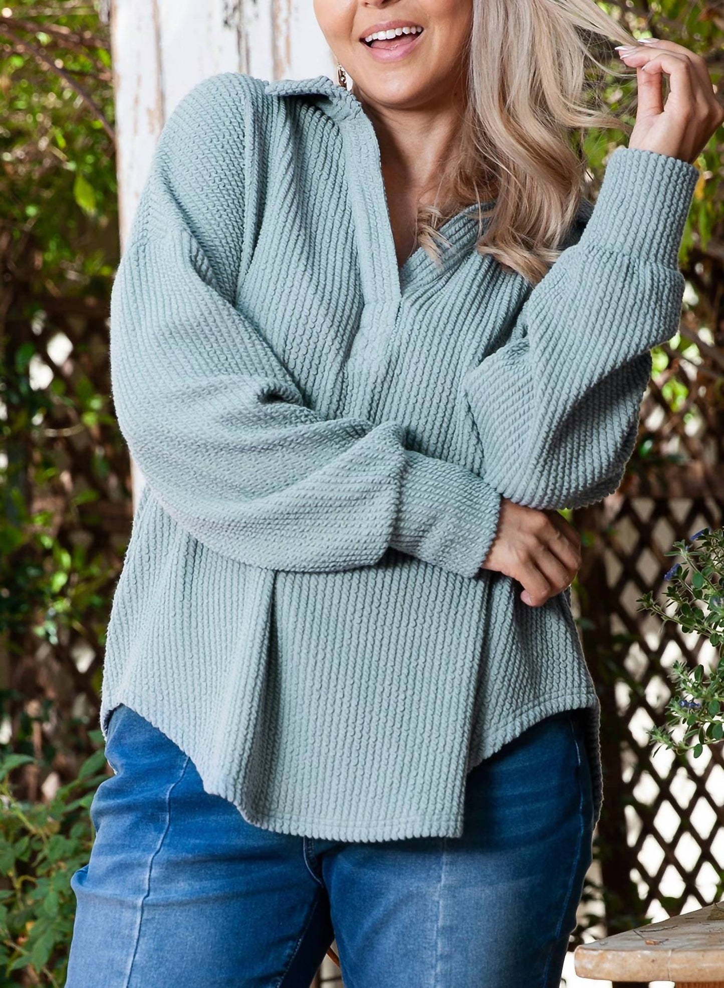 66Disco - Turn-down V-neck Drop Shoulder Top - Plus