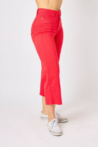 Judy Blue - High Waist Red Garment Dyed Tummy Control Crop Wide Leg