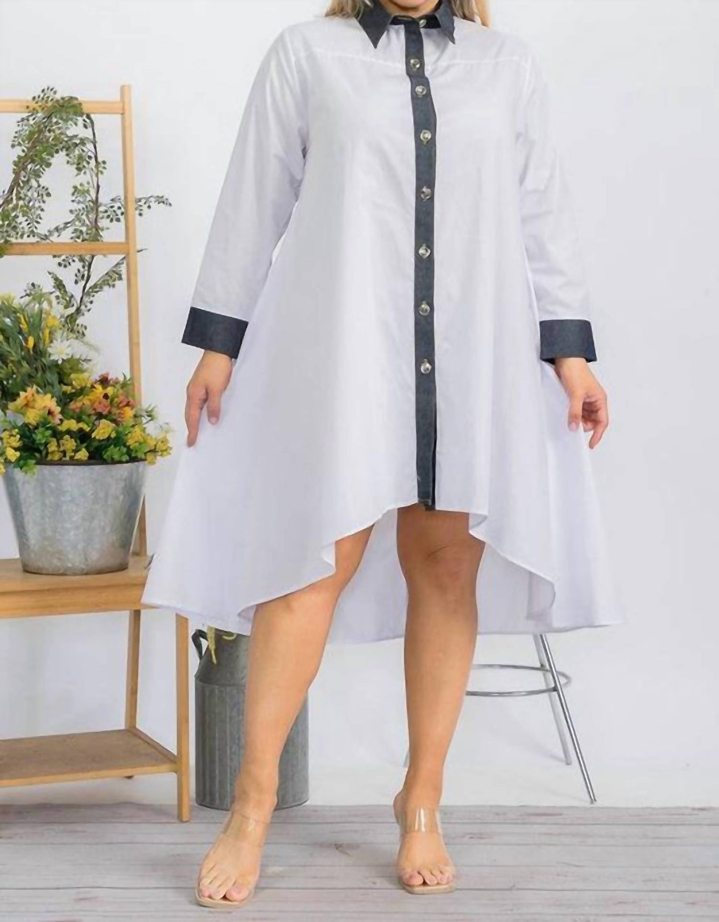 Karen T Design - Asymmetrical Shirt Dress With Contrast Collar